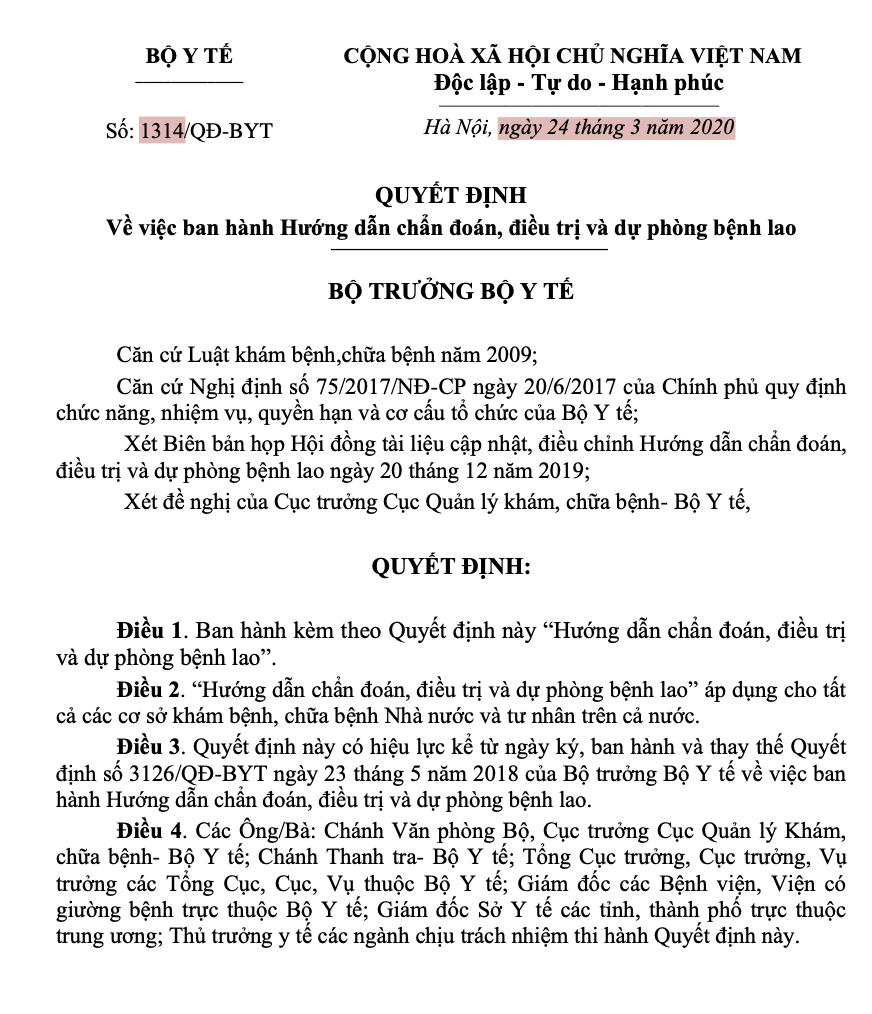 QĐ BYT: Về việc ban hành Hướng dẫn chẩn đoán, điều trị và dự phòng bệnh Lao