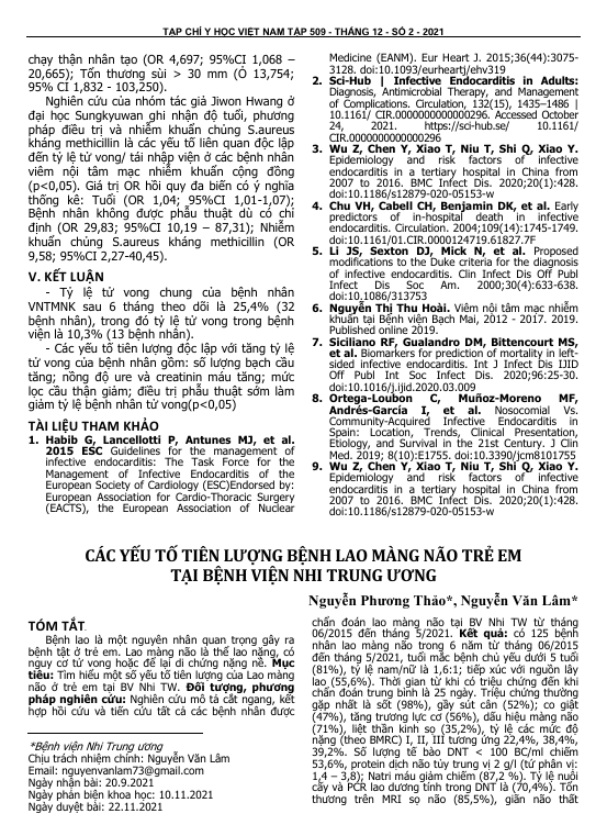 Các yếu tố tiên lượng bệnh lao màng não trẻ em tại bệnh viện Nhi trung ương