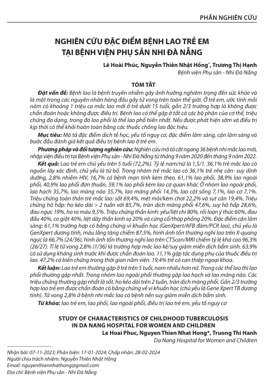 Nghiên cứu đặc điểm bệnh lao trẻ em tại Bệnh viện Phụ sản - Nhi Đà Nẵng