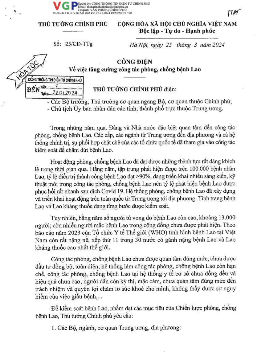 CĐ TTCP: Về việc tăng cường công tác phòng, chống Lao