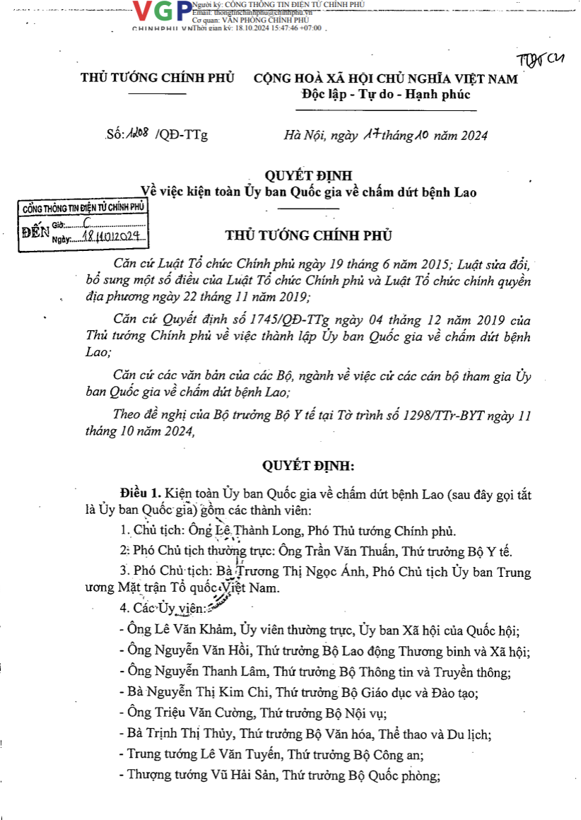 QĐ-TTg: Quyết định về việc kiện toàn Uỷ ban Quốc gia về chấm dứt bệnh Lao