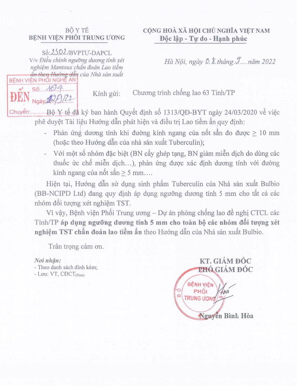 NTP Công văn áp dụng ngưỡng dương tính 5mm cho toàn bộ các nhóm đối tượng xét nghiệm TST chẩn đoán lao tiềm ẩn