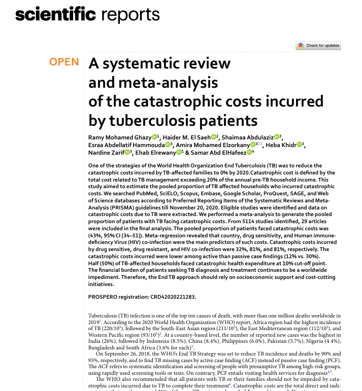 Một đánh giá có hệ thống và phân tích tổng hợp về chi phí thảm khốc mà bệnh nhân lao phải gánh chịu