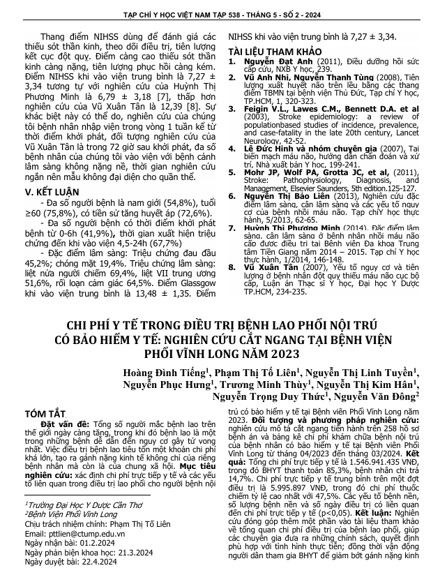 Chi phí y tế trong điều trị bệnh Lao phổi nội trú có bảo hiểm y tế: Nghiên cứu cắt ngang tại bệnh viện Phổi Vĩnh Long năm 2023