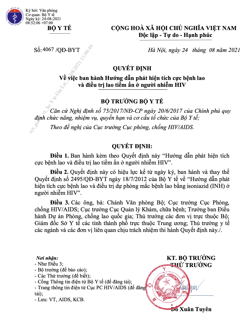 QĐ BYT: Về việc ban hành Hướng dẫn phát hiện tích cực bệnh Lao và điều trị Lao tiềm ẩn ở người nhiễm HIV