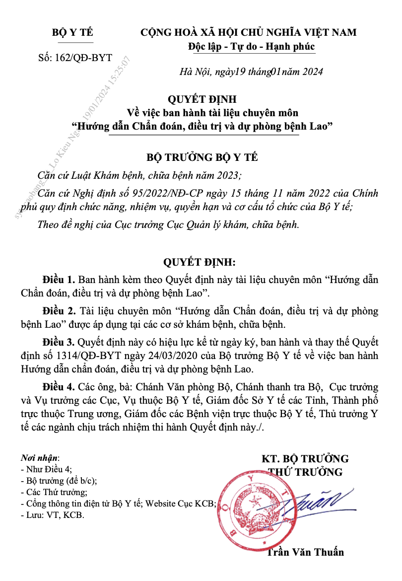 QĐ BYT: Về việc ban hành Hướng dẫn chẩn đoán, điều trị và dự phòng bệnh Lao