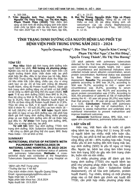Tình trạng dinh dưỡng của người bệnh lao phổi tại Bệnh viện Phổi Trung ương năm 2023-2024