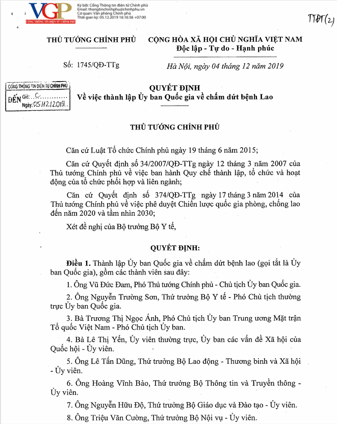 QĐ-TTg: Quyết định về việc thành lập Uỷ ban Quốc gia về chấm dứt bệnh Lao