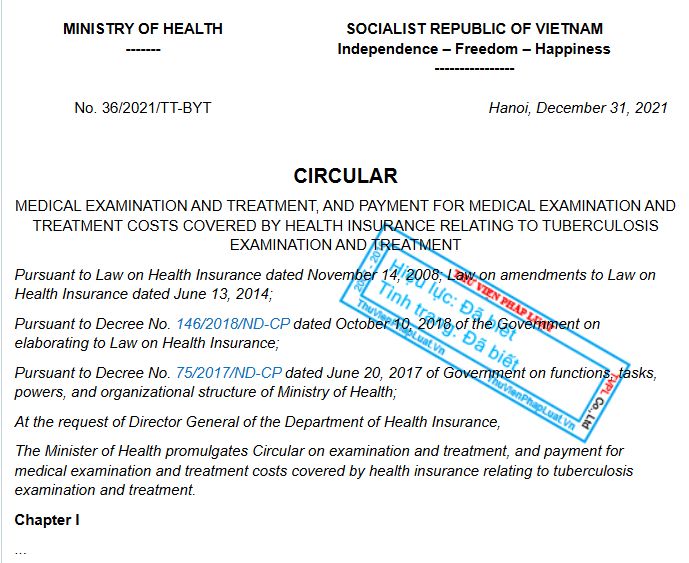 Thông tư 36/2021/ TT-BYT: Quy định khám bệnh, chữa bệnh và thanh toán chi phí khám bệnh, chữa bệnh bảo hiểm y tế liên quan đến khám chữa, bệnh lao