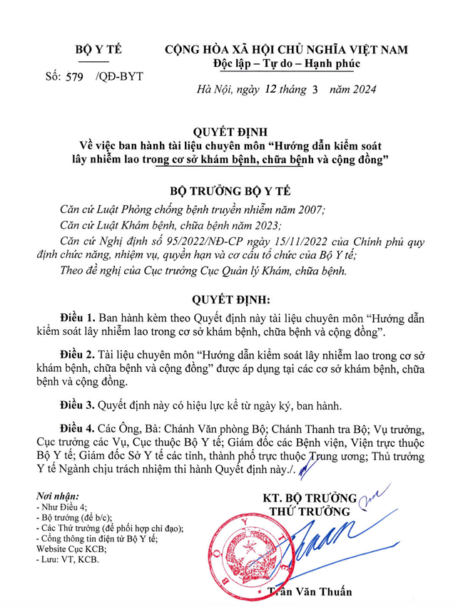 QĐ BYT: Về việc ban hành Tài liệu chuyên môn "Hướng dẫn kiểm soát lây nhiễm lao trong cơ sở khám bệnh, chữa bệnh và cộng đồng''